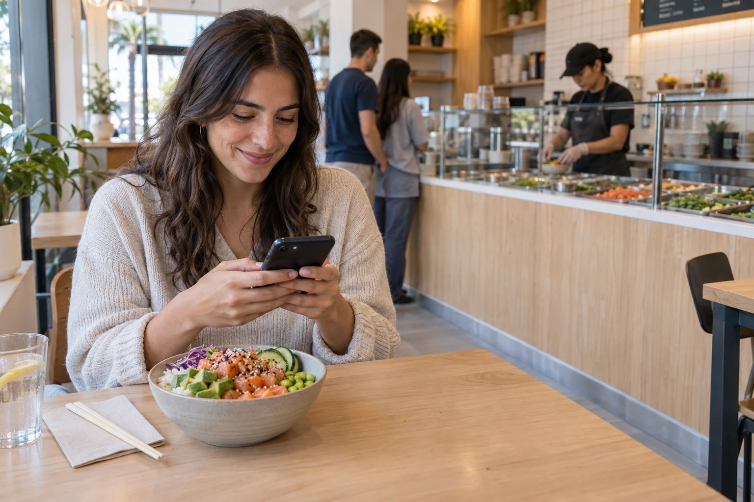 A customer on their phone over a meal