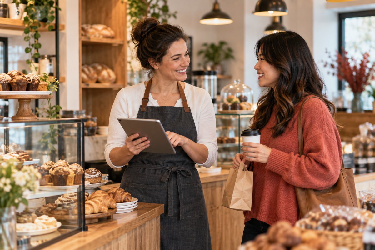 Staff working with tablets in a bakery